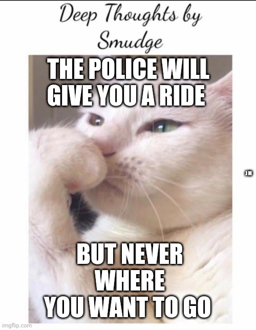 Smudge | THE POLICE WILL GIVE YOU A RIDE; J M; BUT NEVER WHERE YOU WANT TO GO | image tagged in smudge | made w/ Imgflip meme maker