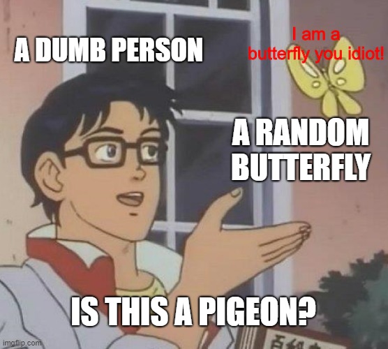 No, It is not a pigeon | I am a butterfly you idiot! A DUMB PERSON; A RANDOM BUTTERFLY; IS THIS A PIGEON? | image tagged in memes,is this a pigeon | made w/ Imgflip meme maker