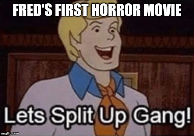 Breaking horror movie rules | FRED'S FIRST HORROR MOVIE | image tagged in let s split up hang | made w/ Imgflip meme maker