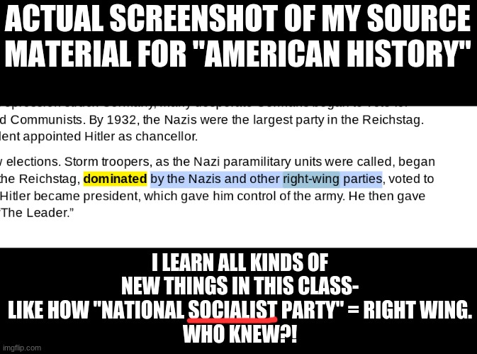 Petition to call it Un-American History class | ACTUAL SCREENSHOT OF MY SOURCE MATERIAL FOR "AMERICAN HISTORY"; I LEARN ALL KINDS OF NEW THINGS IN THIS CLASS- LIKE HOW "NATIONAL SOCIALIST PARTY" = RIGHT WING.
WHO KNEW?! | image tagged in wwii,nazi,socialist,school | made w/ Imgflip meme maker