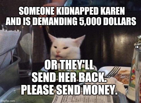 Salad cat | SOMEONE KIDNAPPED KAREN AND IS DEMANDING 5,000 DOLLARS; OR THEY'LL SEND HER BACK. PLEASE SEND MONEY. J M | image tagged in salad cat | made w/ Imgflip meme maker