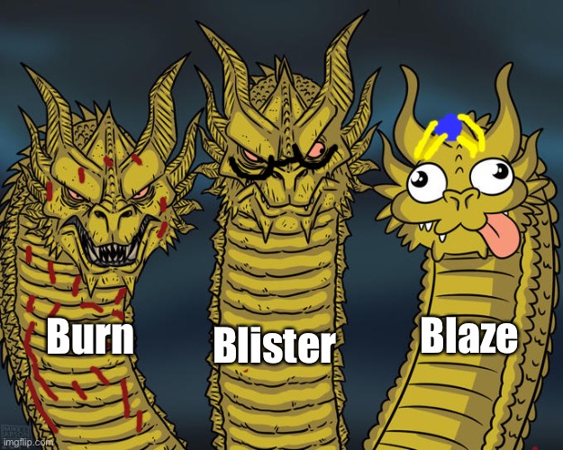 The three sisters | Blister; Blaze; Burn | image tagged in derpy dragon,wings of fire | made w/ Imgflip meme maker