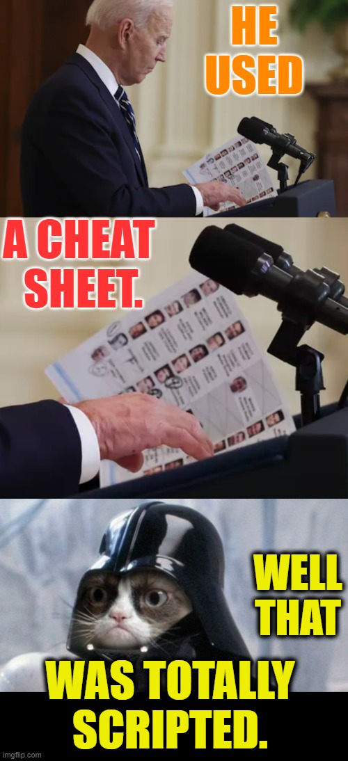Joe Biden's 1st News Conference | HE USED; A CHEAT  SHEET. WELL THAT; WAS TOTALLY SCRIPTED. | image tagged in politics,joe biden,press conference,cheat,sheet,grumpy cat star wars | made w/ Imgflip meme maker