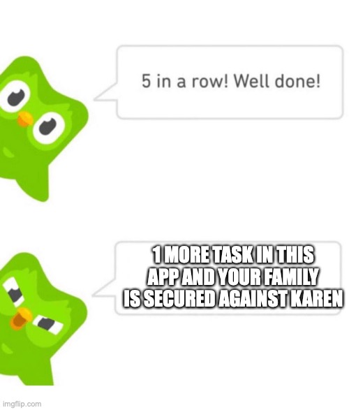 Duolingo 5 in a row | 1 MORE TASK IN THIS APP AND YOUR FAMILY IS SECURED AGAINST KAREN | image tagged in duolingo 5 in a row | made w/ Imgflip meme maker
