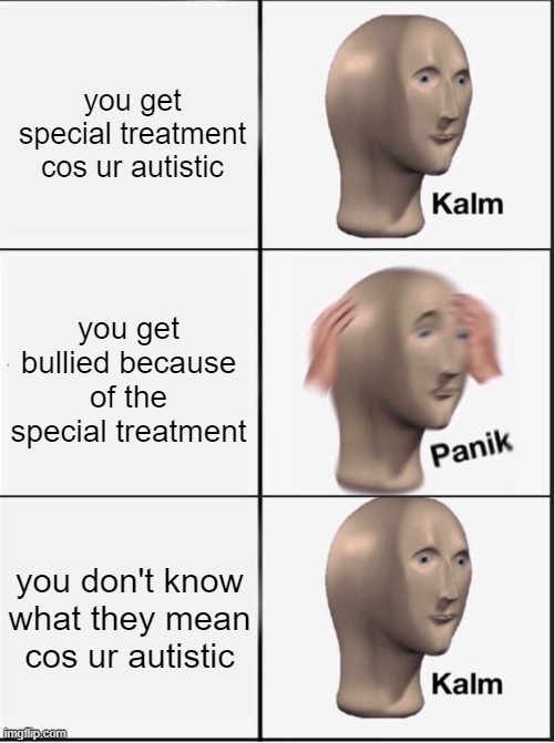 before you go mad, i'm the autistic kid who made the meme | you get special treatment cos ur autistic; you get bullied because of the special treatment; you don't know what they mean cos ur autistic | image tagged in reverse kalm panik,memes | made w/ Imgflip meme maker