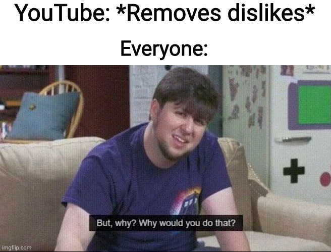 Why are you like this YouTube? | YouTube: *Removes dislikes*; Everyone: | image tagged in but why why would you do that | made w/ Imgflip meme maker