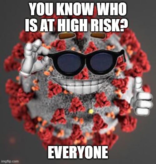 Coronavirus | YOU KNOW WHO IS AT HIGH RISK? EVERYONE | image tagged in coronavirus | made w/ Imgflip meme maker