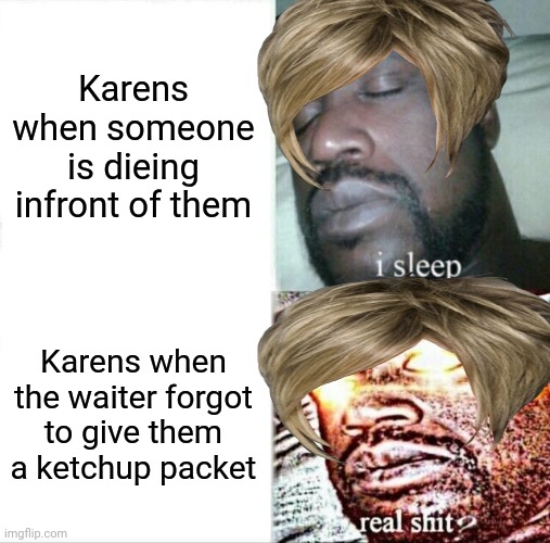 True | Karens when someone is dieing infront of them; Karens when the waiter forgot to give them a ketchup packet | image tagged in memes,sleeping shaq | made w/ Imgflip meme maker