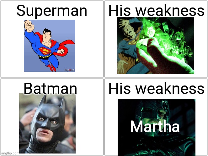 Weakness for both: krartha or marthonite | Superman; His weakness; Batman; His weakness; Martha | image tagged in memes,blank comic panel 2x2 | made w/ Imgflip meme maker