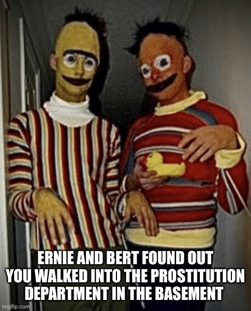 Ernie And Bert | ERNIE AND BERT FOUND OUT YOU WALKED INTO THE PROSTITUTION DEPARTMENT IN THE BASEMENT | image tagged in sesame street,basement dweller | made w/ Imgflip meme maker