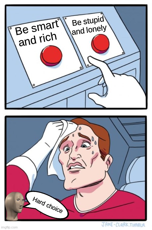 Two Buttons Meme | Be stupid and lonely; Be smart and rich; Hard choice | image tagged in memes,two buttons | made w/ Imgflip meme maker
