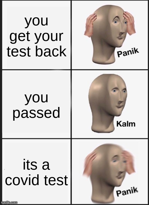 you need to fail some tests... | you get your test back; you passed; its a covid test | image tagged in memes,panik kalm panik,covid-19,test | made w/ Imgflip meme maker