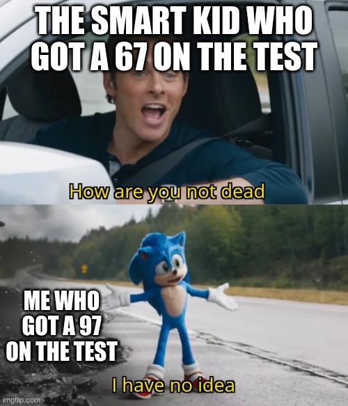 sonic is smarter than mario | THE SMART KID WHO GOT A 67 ON THE TEST; ME WHO GOT A 97 ON THE TEST | image tagged in sonic i have no idea | made w/ Imgflip meme maker