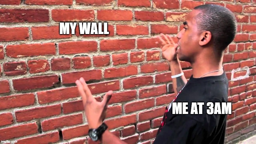 Relatable | MY WALL; ME AT 3AM | image tagged in talking to wall,3am | made w/ Imgflip meme maker