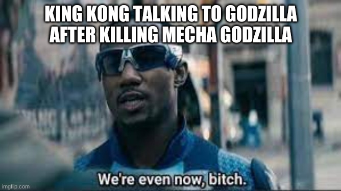 We are even now bitch | KING KONG TALKING TO GODZILLA AFTER KILLING MECHA GODZILLA | image tagged in we are even now bitch | made w/ Imgflip meme maker