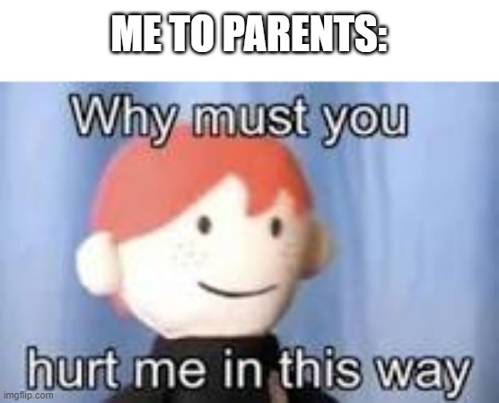 Why must you hurt me in this way | ME TO PARENTS: | image tagged in why must you hurt me in this way | made w/ Imgflip meme maker