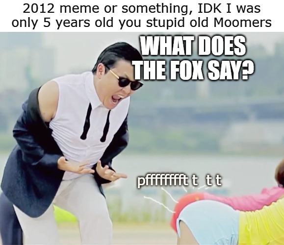 2012 meme or something, IDK I was only 5 years old you stupid old Moomers; WHAT DOES THE FOX SAY? pfffffffft t  t t | image tagged in fox | made w/ Imgflip meme maker