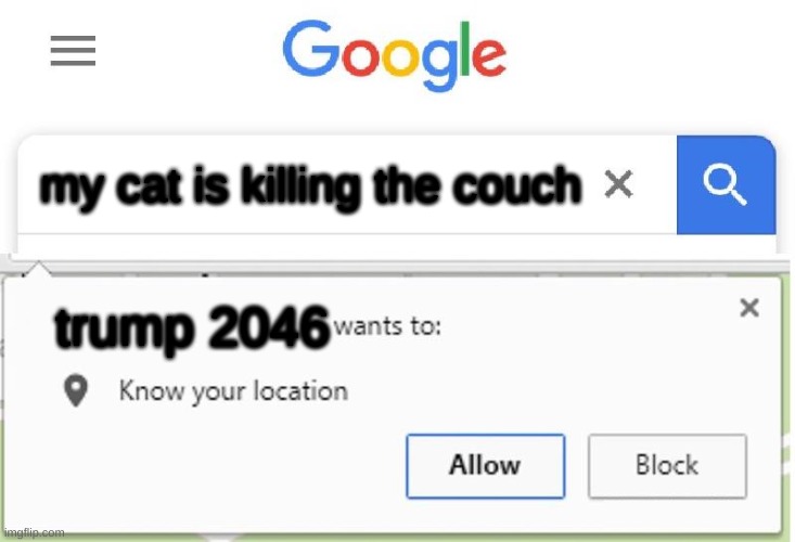 the fucher | my cat is killing the couch; trump 2046 | image tagged in wants to know your location | made w/ Imgflip meme maker