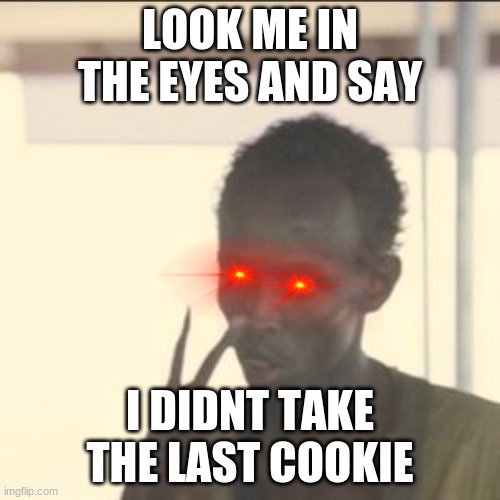 Look At Me Meme | LOOK ME IN THE EYES AND SAY; I DIDNT TAKE THE LAST COOKIE | image tagged in memes,look at me | made w/ Imgflip meme maker