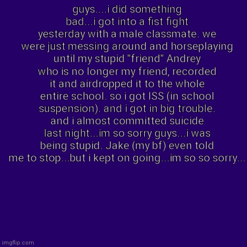 im so sorry... | guys....i did something bad...i got into a fist fight yesterday with a male classmate. we were just messing around and horseplaying until my stupid "friend" Andrey who is no longer my friend, recorded it and airdropped it to the whole entire school. so i got ISS (in school suspension). and i got in big trouble. and i almost committed suicide last night...im so sorry guys...i was being stupid. Jake (my bf) even told me to stop...but i kept on going...im so so sorry... | image tagged in memes,blank transparent square | made w/ Imgflip meme maker