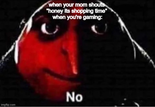 Gru No | when your mom shouts 
"honey its shopping time" 
when you're gaming: | image tagged in gru no | made w/ Imgflip meme maker