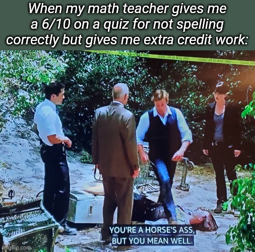 You're a horse's ass but you mean well | When my math teacher gives me a 6/10 on a quiz for not spelling correctly but gives me extra credit work: | image tagged in you're a horse's ass but you mean well | made w/ Imgflip meme maker