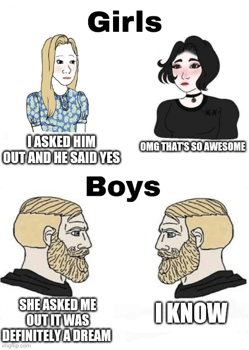 Girls vs Boys | I ASKED HIM OUT AND HE SAID YES; OMG THAT'S SO AWESOME; I KNOW; SHE ASKED ME OUT IT WAS DEFINITELY A DREAM | image tagged in girls vs boys,boys vs girls | made w/ Imgflip meme maker