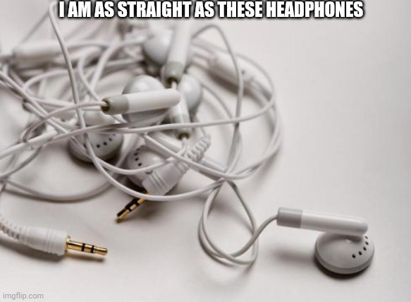 tangled headphones | I AM AS STRAIGHT AS THESE HEADPHONES | image tagged in tangled headphones | made w/ Imgflip meme maker