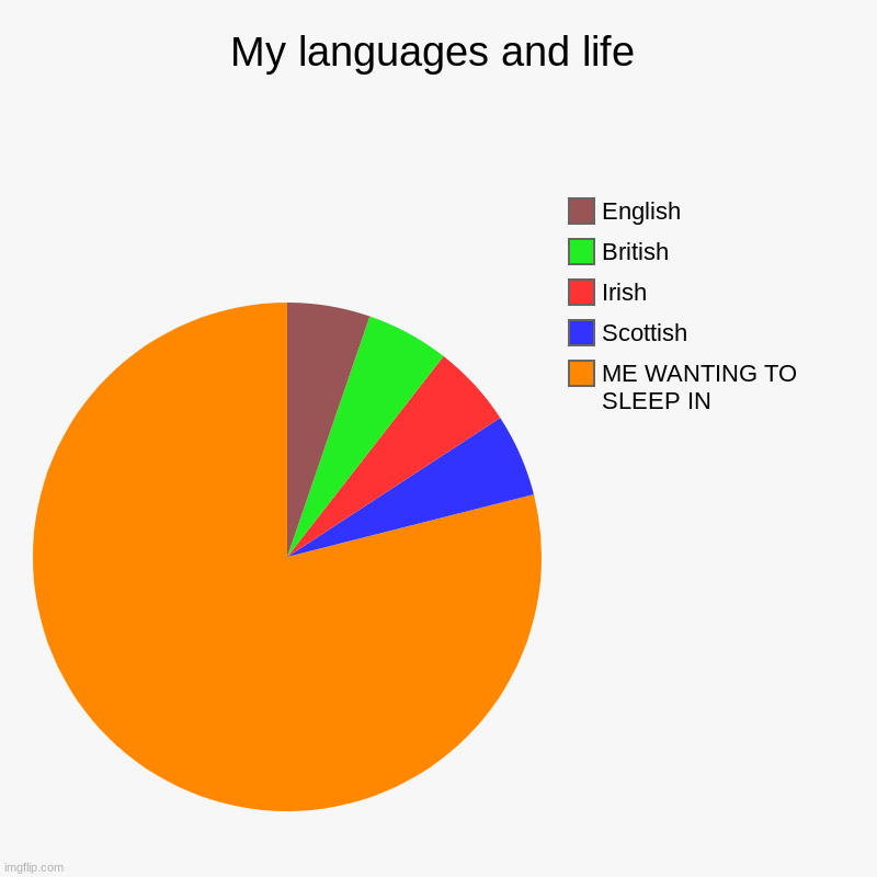 true story | My languages and life | ME WANTING TO SLEEP IN, Scottish, Irish, British, English | image tagged in charts,pie charts | made w/ Imgflip chart maker