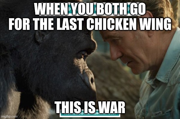 . | WHEN YOU BOTH GO FOR THE LAST CHICKEN WING; THIS IS WAR | image tagged in funny | made w/ Imgflip meme maker