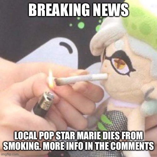APRIL FOOLS JOKE | BREAKING NEWS; LOCAL POP STAR MARIE DIES FROM SMOKING. MORE INFO IN THE COMMENTS | image tagged in marie plush smoking | made w/ Imgflip meme maker