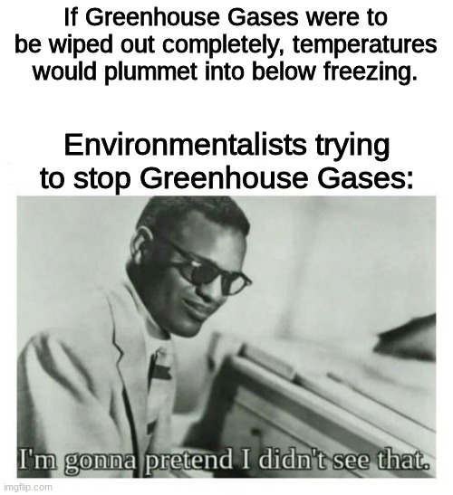 Global Freezing | If Greenhouse Gases were to be wiped out completely, temperatures would plummet into below freezing. Environmentalists trying to stop Greenhouse Gases: | image tagged in i'm gonna pretend i didn't see that | made w/ Imgflip meme maker