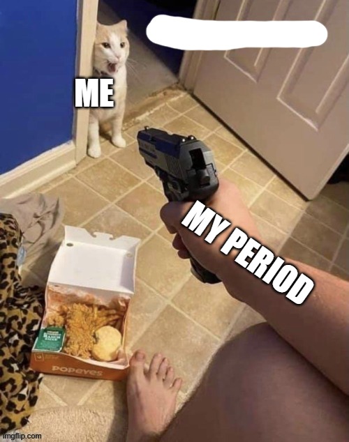 the PAIN | ME; MY PERIOD | image tagged in gun to cat | made w/ Imgflip meme maker