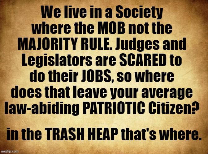 Legislators and Judges are COWARDS | We live in a Society where the MOB not the MAJORITY RULE. Judges and Legislators are SCARED to do their JOBS, so where does that leave your average law-abiding PATRIOTIC Citizen? in the TRASH HEAP that's where. | image tagged in politics,political meme,supreme court,politicians,congress | made w/ Imgflip meme maker