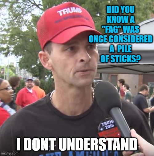 Trump supporter | DID YOU KNOW A "FAG" WAS ONCE CONSIDERED A  PILE OF STICKS? I DONT UNDERSTAND | image tagged in trump supporter | made w/ Imgflip meme maker