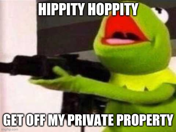 Hippity Hoppity |  HIPPITY HOPPITY; GET OFF MY PRIVATE PROPERTY | image tagged in hippity hoppity,guns,kermit the frog,frog,bullets | made w/ Imgflip meme maker