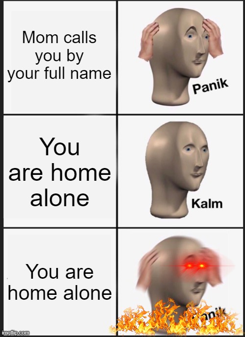 Looks like your house is haunted | Mom calls you by your full name; You are home alone; You are home alone | image tagged in memes,panik kalm panik | made w/ Imgflip meme maker