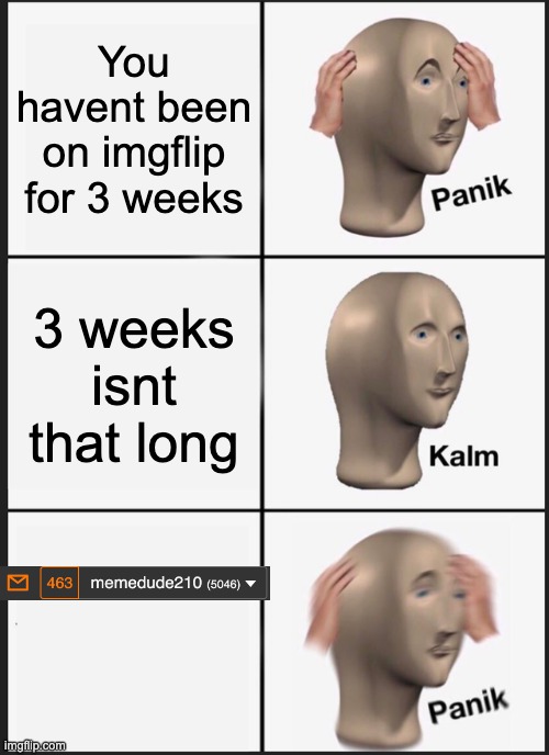 U be thinkin lol what, right? | You havent been on imgflip for 3 weeks; 3 weeks isnt that long | image tagged in memes,panik kalm panik | made w/ Imgflip meme maker