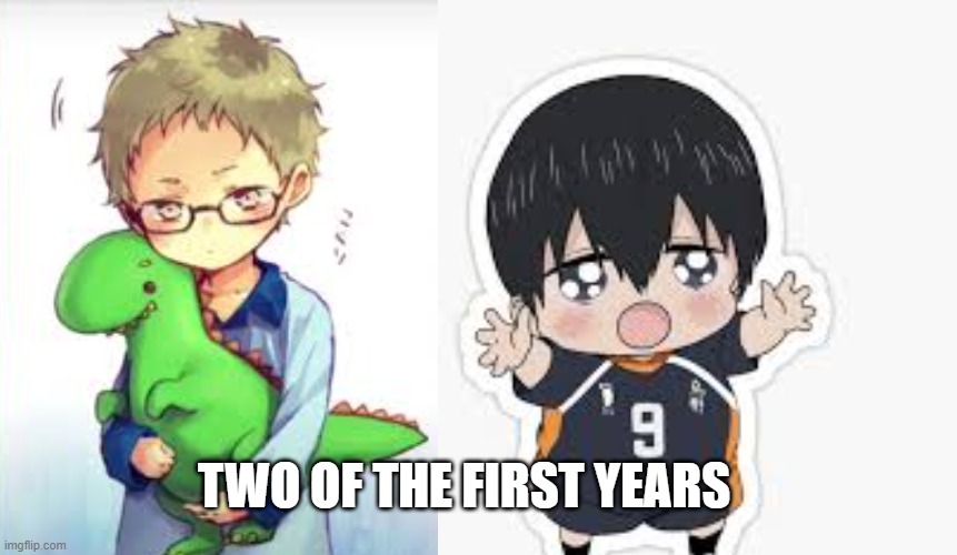 what is with him and dinos | TWO OF THE FIRST YEARS | image tagged in anime,cute baby,haikyuu | made w/ Imgflip meme maker