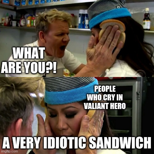 Don't cry | WHAT ARE YOU?! PEOPLE WHO CRY IN VALIANT HERO; A VERY IDIOTIC SANDWICH | image tagged in gordon ramsay idiot sandwich,valiant hero | made w/ Imgflip meme maker