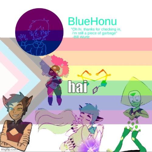 Bluehonu announcement temp 2.0 | hai | image tagged in bluehonu announcement temp 2 0 | made w/ Imgflip meme maker