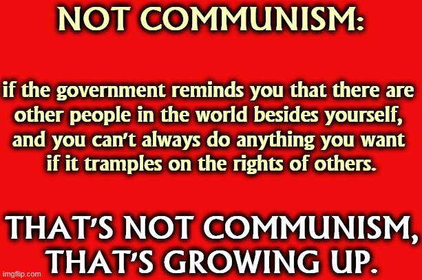 NOT COMMUNISM:; if the government reminds you that there are 

other people in the world besides yourself, 
and you can't always do anything you want 

if it tramples on the rights of others. THAT'S NOT COMMUNISM, THAT'S GROWING UP. | image tagged in rights,communism,society,selfishness | made w/ Imgflip meme maker