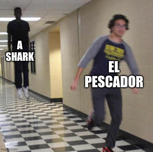 elpescador means fisherman in spanish | A SHARK; EL PESCADOR | image tagged in floating boy chasing running boy | made w/ Imgflip meme maker