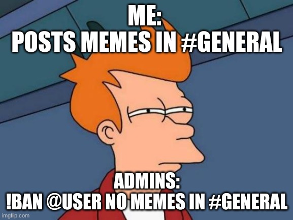 discord staff be like: |  ME: 
POSTS MEMES IN #GENERAL; ADMINS:

!BAN @USER NO MEMES IN #GENERAL | image tagged in memes,futurama fry,discord,general,ban hammer | made w/ Imgflip meme maker