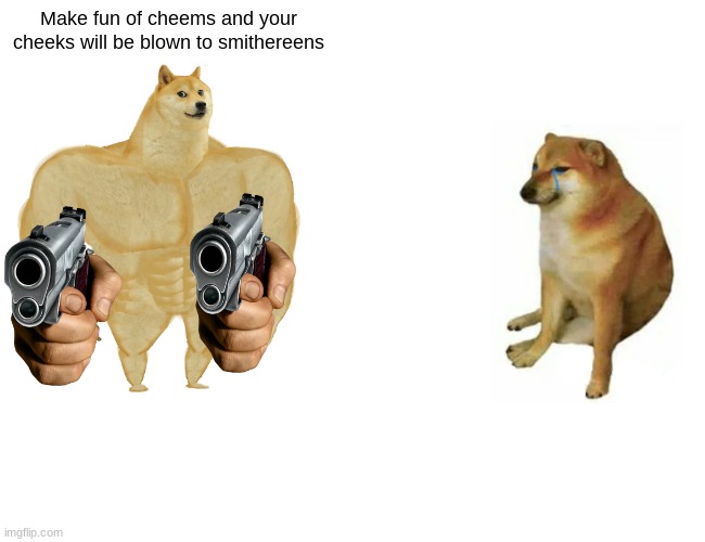 Don't you dare | Make fun of cheems and your cheeks will be blown to smithereens | image tagged in memes,buff doge vs cheems | made w/ Imgflip meme maker