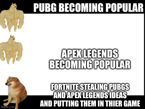 gamers | PUBG BECOMING POPULAR; APEX LEGENDS BECOMING POPULAR; FORTNITE STEALING PUBGS AND APEX LEGENDS IDEAS AND PUTTING THEM IN THIER GAME | image tagged in pubg,fortnite,apex legends | made w/ Imgflip meme maker