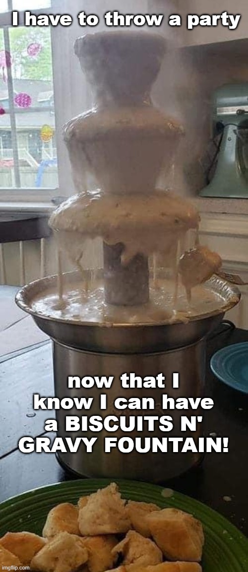 I may even get married |  I have to throw a party; now that I know I can have a BISCUITS N' GRAVY FOUNTAIN! | image tagged in food,southern,funny | made w/ Imgflip meme maker