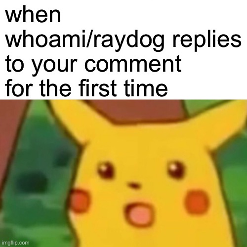 Surprised Pikachu | when whoami/raydog replies to your comment for the first time | image tagged in memes,surprised pikachu | made w/ Imgflip meme maker