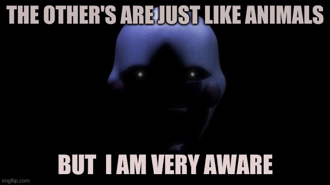 FNAF Marionette  | THE OTHER'S ARE JUST LIKE ANIMALS; BUT  I AM VERY AWARE | image tagged in fnaf marionette | made w/ Imgflip meme maker