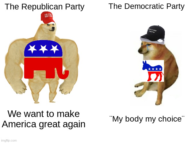 Buff Doge vs. Cheems | The Republican Party; The Democratic Party; We want to make America great again; ¨My body my choice¨ | image tagged in memes,buff doge vs cheems | made w/ Imgflip meme maker